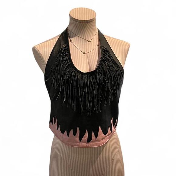 Vintage Y2K Flame Leather Fringe Halter Top biker (S) - Picture 2 of 6